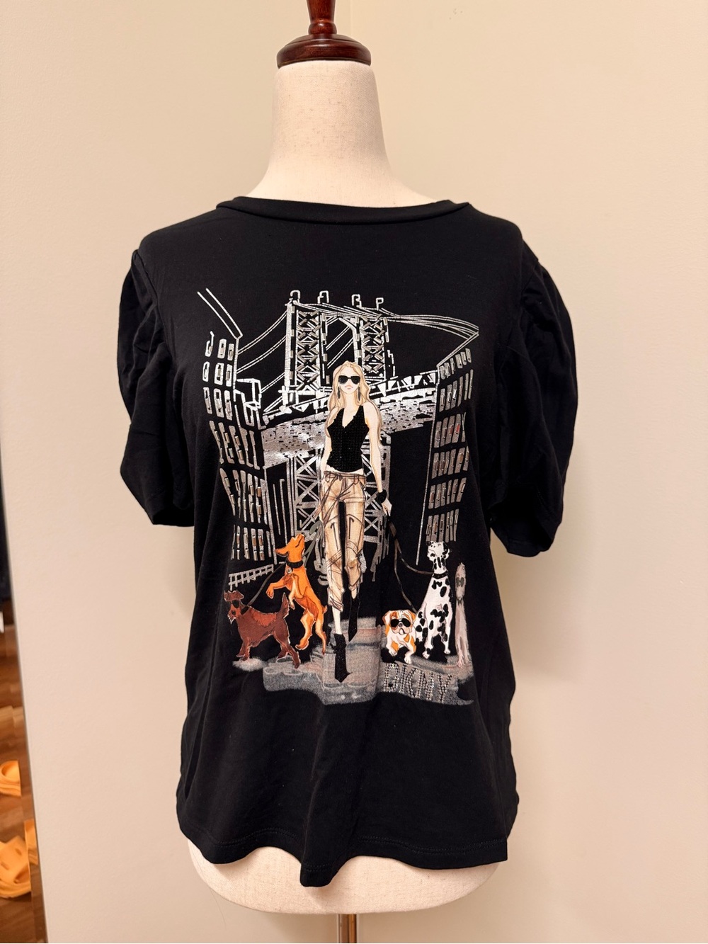 DKNY Black Graphic City & Dogs Short Sleeve Tee